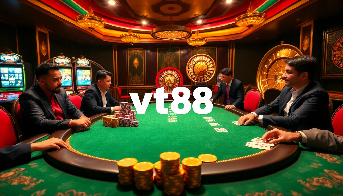 High-stakes poker at vt88 casino with players demonstrating expert strategies and vibrant atmosphere.