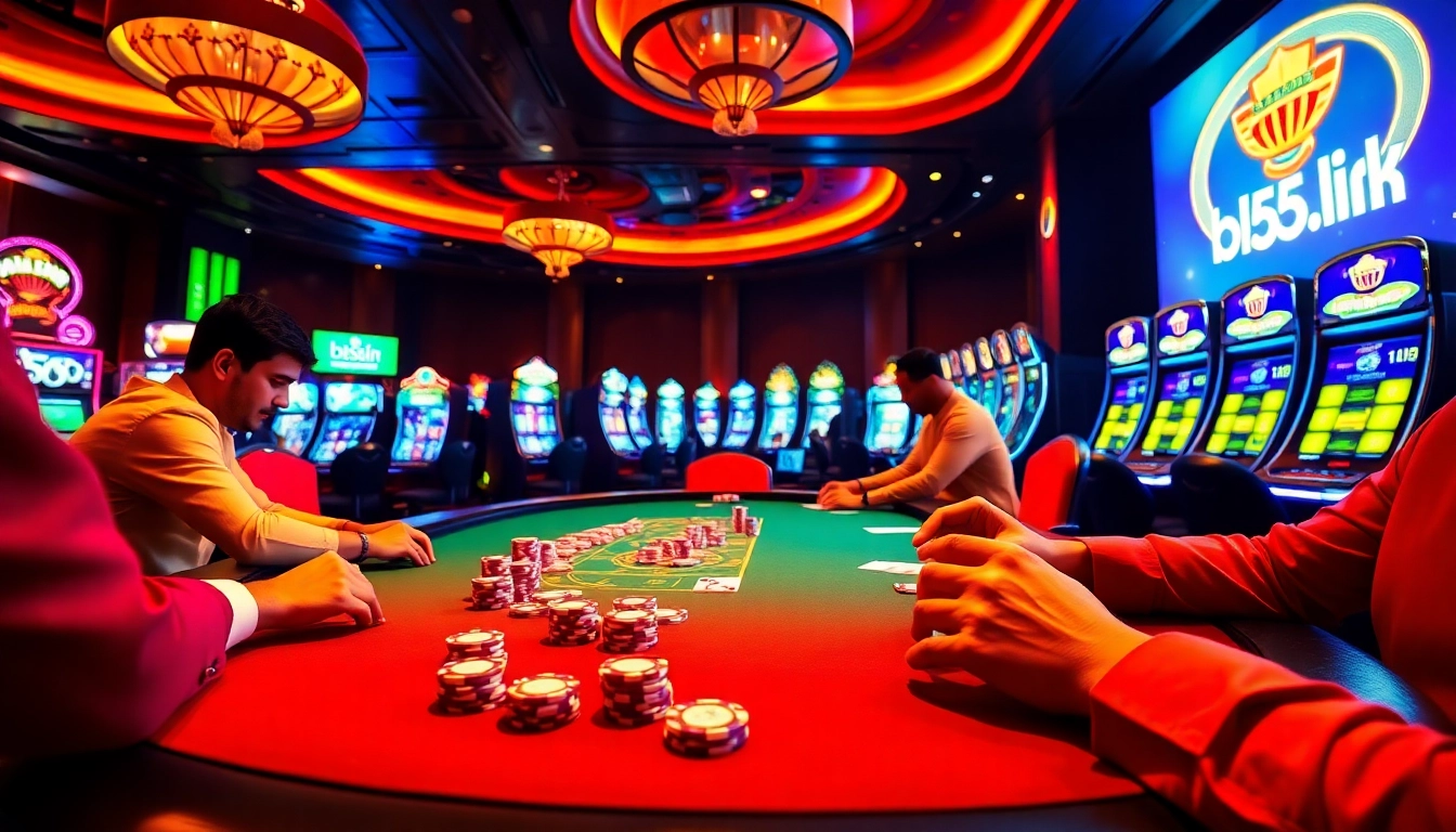 Players engaging in a high-stakes game at bl555.link online casino with vibrant atmosphere.