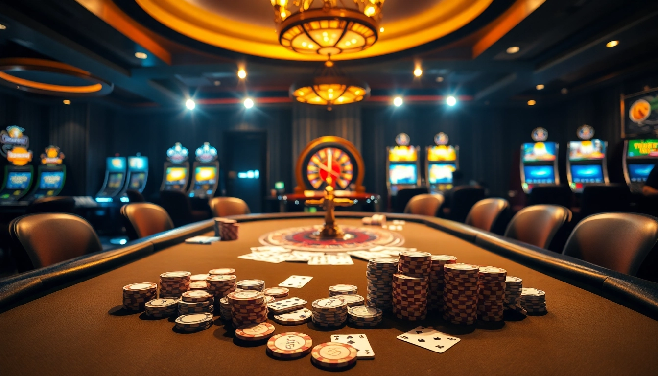 Experience a thrilling poker game at lu88 casino with vibrant chips and cards on a stylish table.