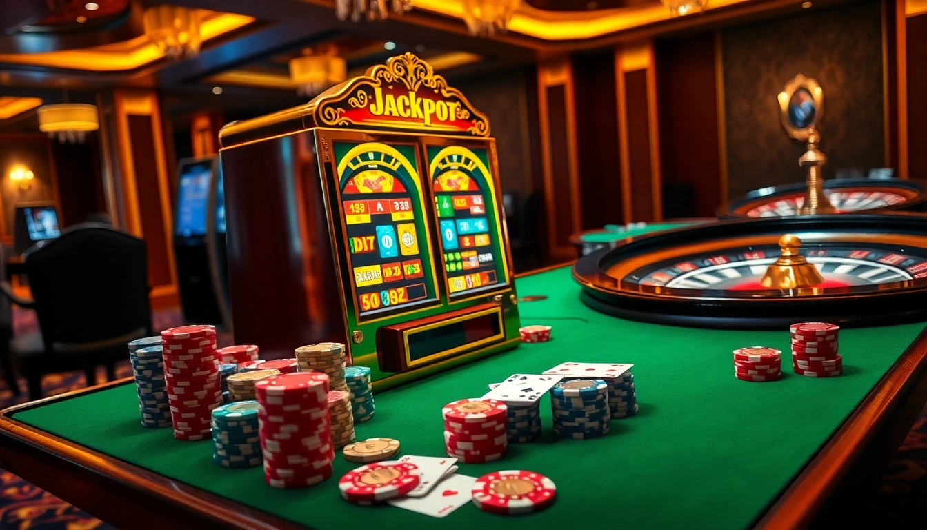 Exciting slot machine action surrounded by colorful casino chips in a luxurious setting.