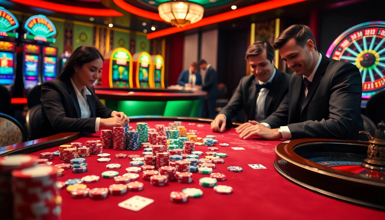 Paha4d players enjoying a thrilling casino game with vibrant poker chips and cards.