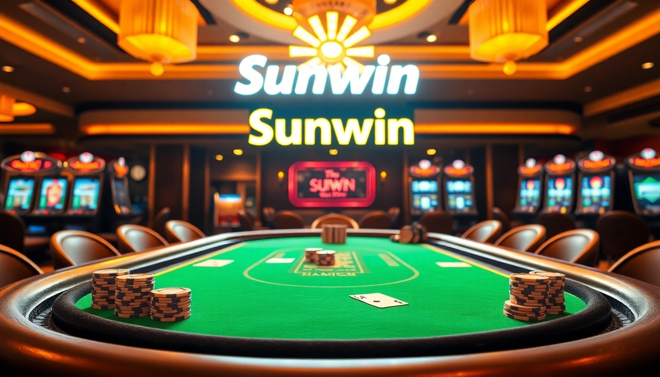 Experience high-stakes poker at Sunwin in a luxurious casino setting with vibrant chips and cards.