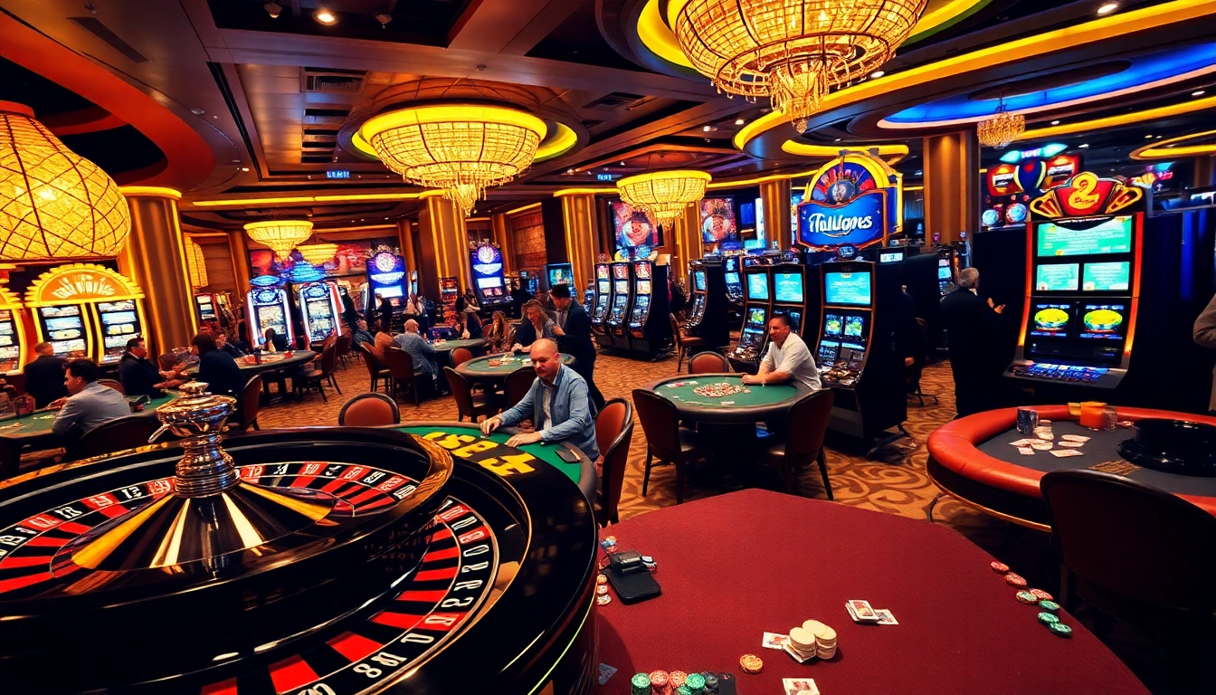 Exciting casino atmosphere at https://1haywin.us.com/ with players at roulette and poker tables.