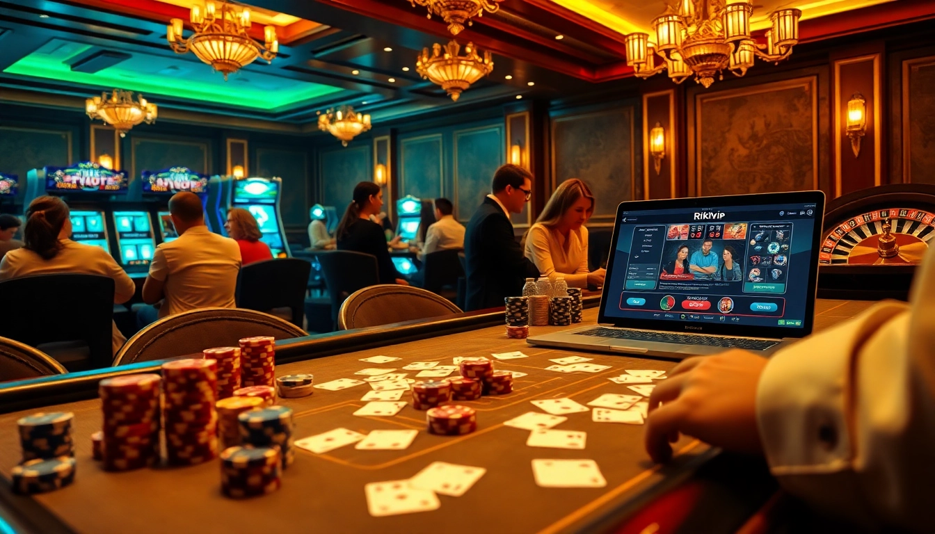 Players enjoying a thrilling game at the rikvip casino table with vibrant betting elements.