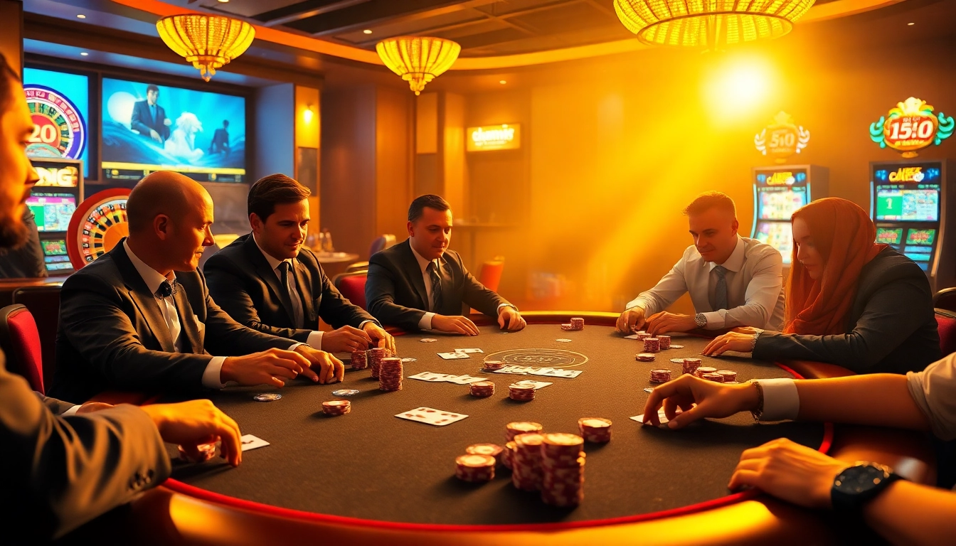 Players enjoying a high-stakes poker game at https://789win.associates/, showcasing luxurious chips and cards.