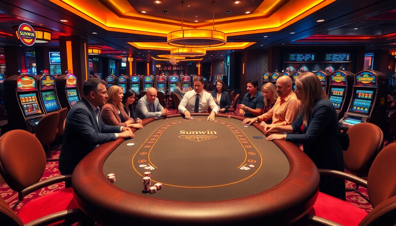 Sunwin players engaging passionately at an upscale casino table, with vibrant chip stacks and lively gameplay.