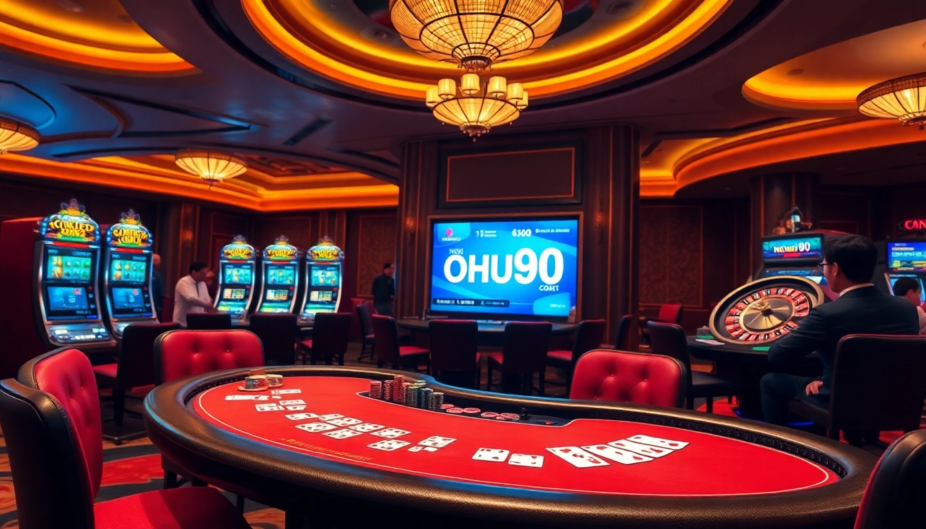 Experience the thrilling atmosphere of NOHU90 with poker tables, slot machines, and excited players.