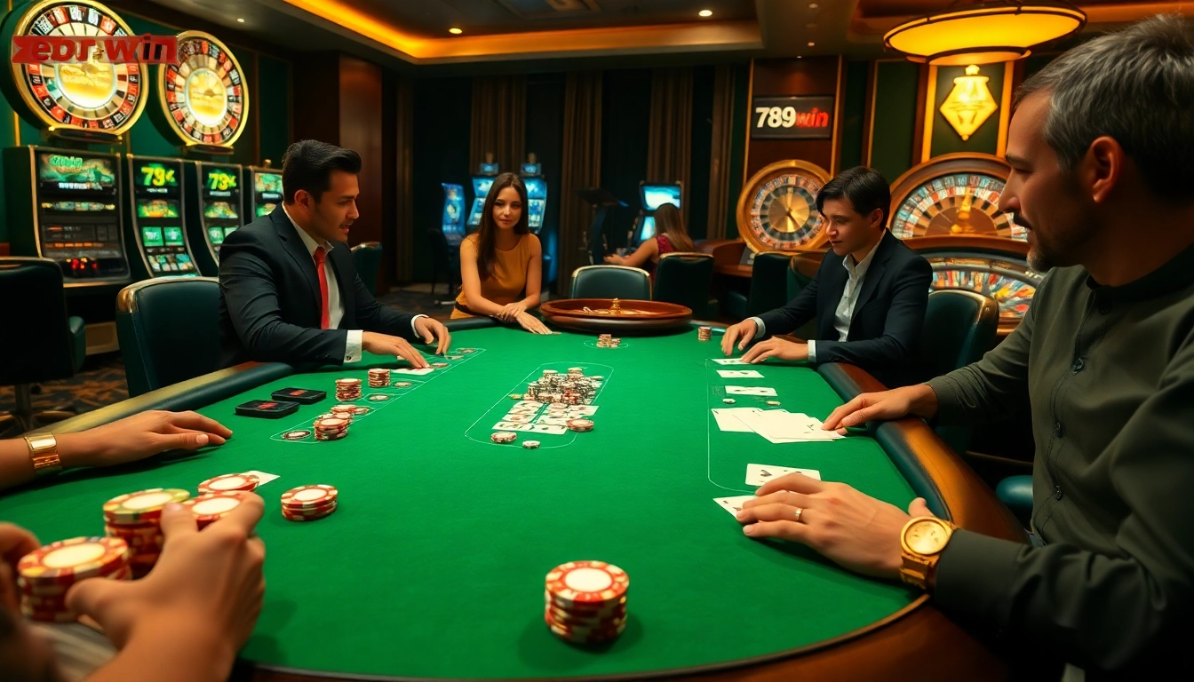 Strategically playing poker at a luxury casino table with 789 win branding in the background.