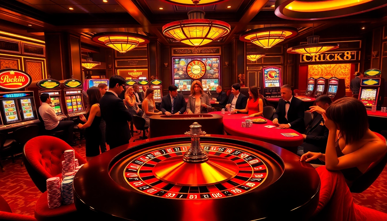 Players at a poker table celebrating a win with luck8-themed chips in a vibrant casino setting.