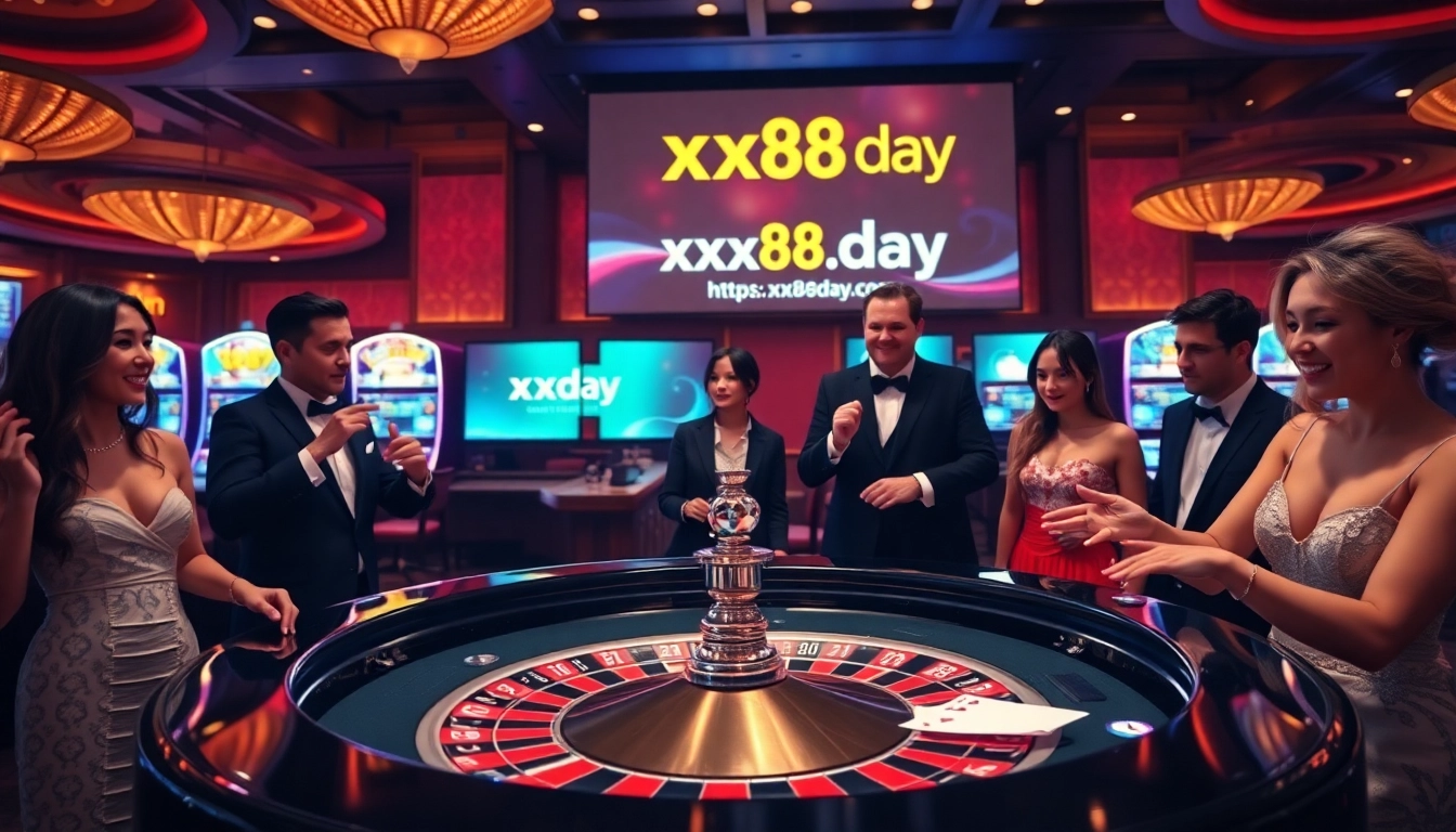 Excited players at a roulette table in a luxurious casino, showcasing the thrill of gambling at https://xx88.day/.