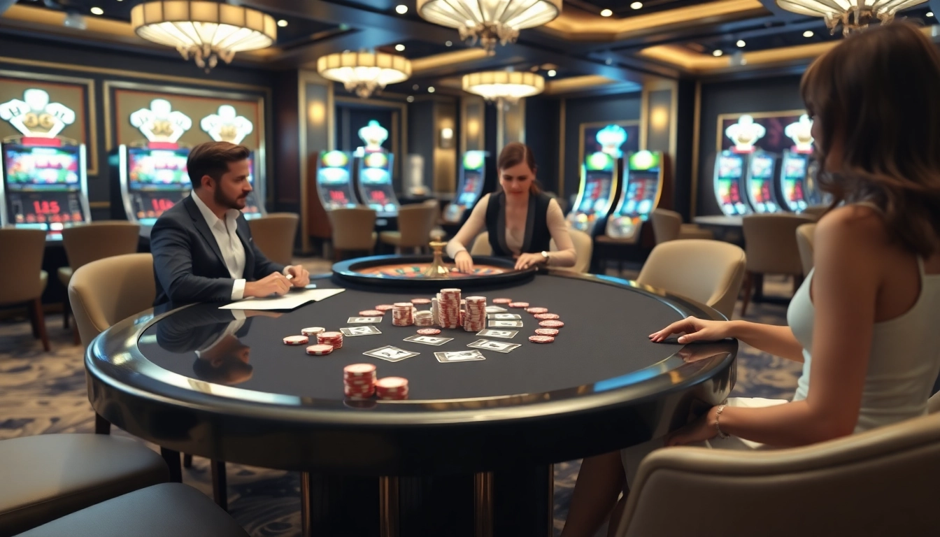 Exciting poker game at MB 66 casino table with luxury decor and vibrant poker chips.