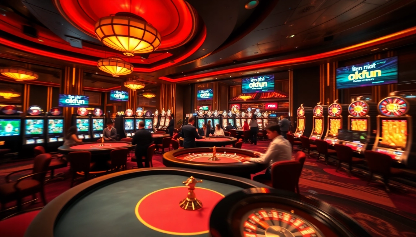 Gambling action scene showcasing luxurious casino tables with "liên hệ okfun" elements creating a vibrant atmosphere.