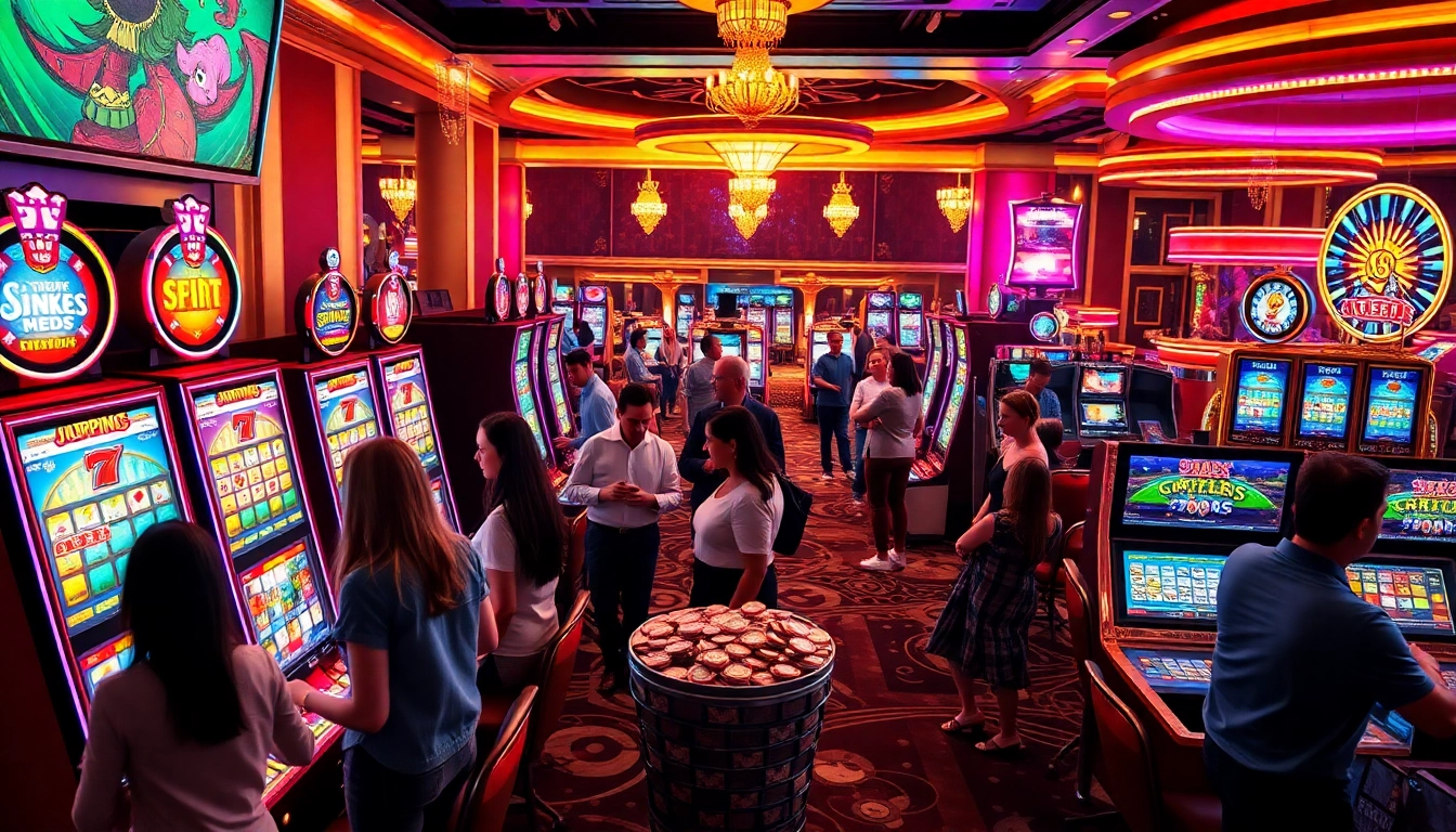 Gamblers enjoying a lively slot machine area in an opulent casino setting.
