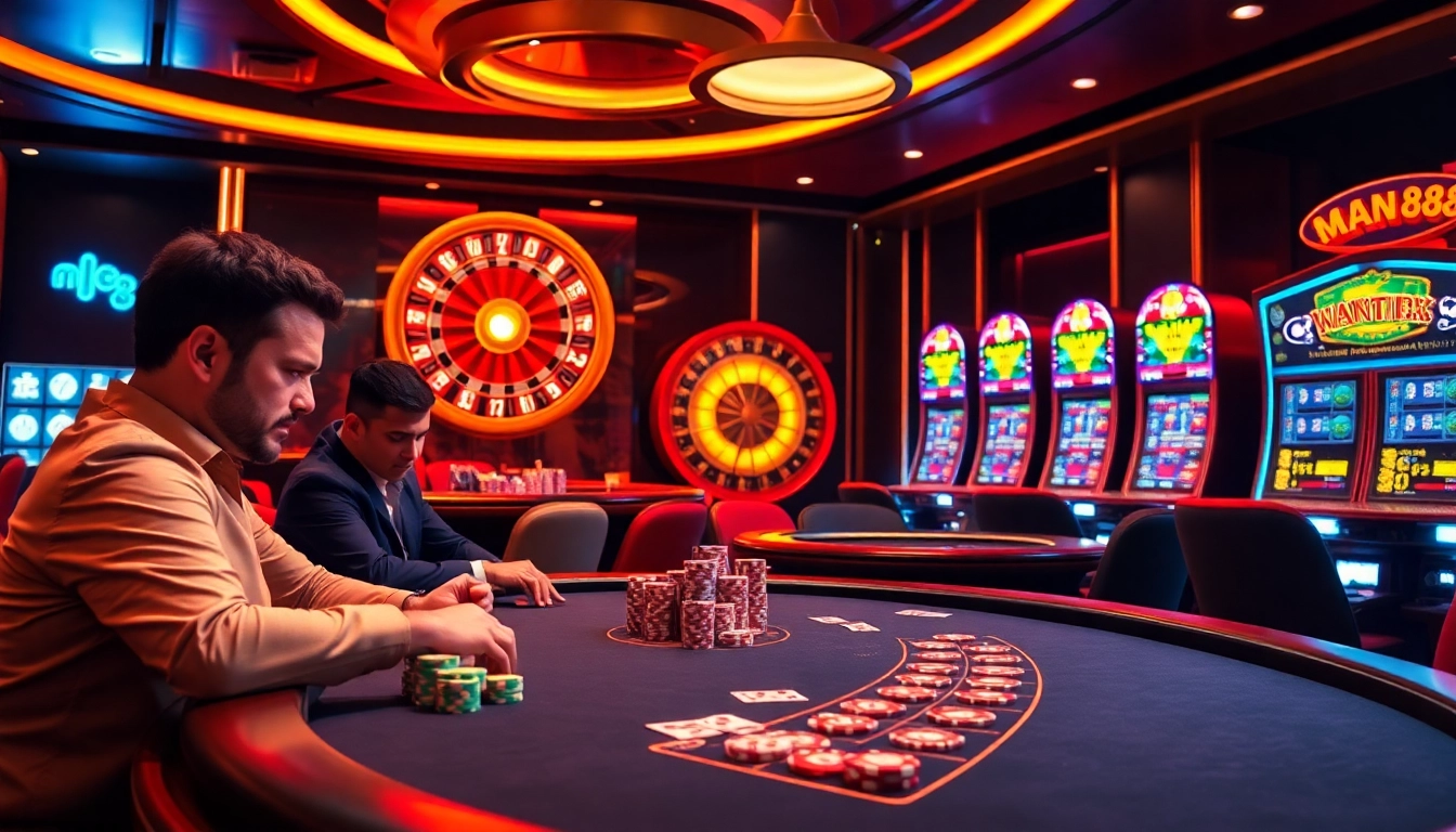 Man88 players engaging in an exciting casino game at a poker table.
