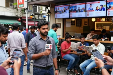 Engaging urban news reporting scene showcasing https://www.theindaily.com with a journalist amidst live viewers and digital screens.